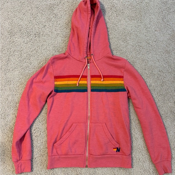 Aviator Nation Jackets & Blazers - Aviator Nation Pink Zip Hoodie with Rainbow Chest Stripes
